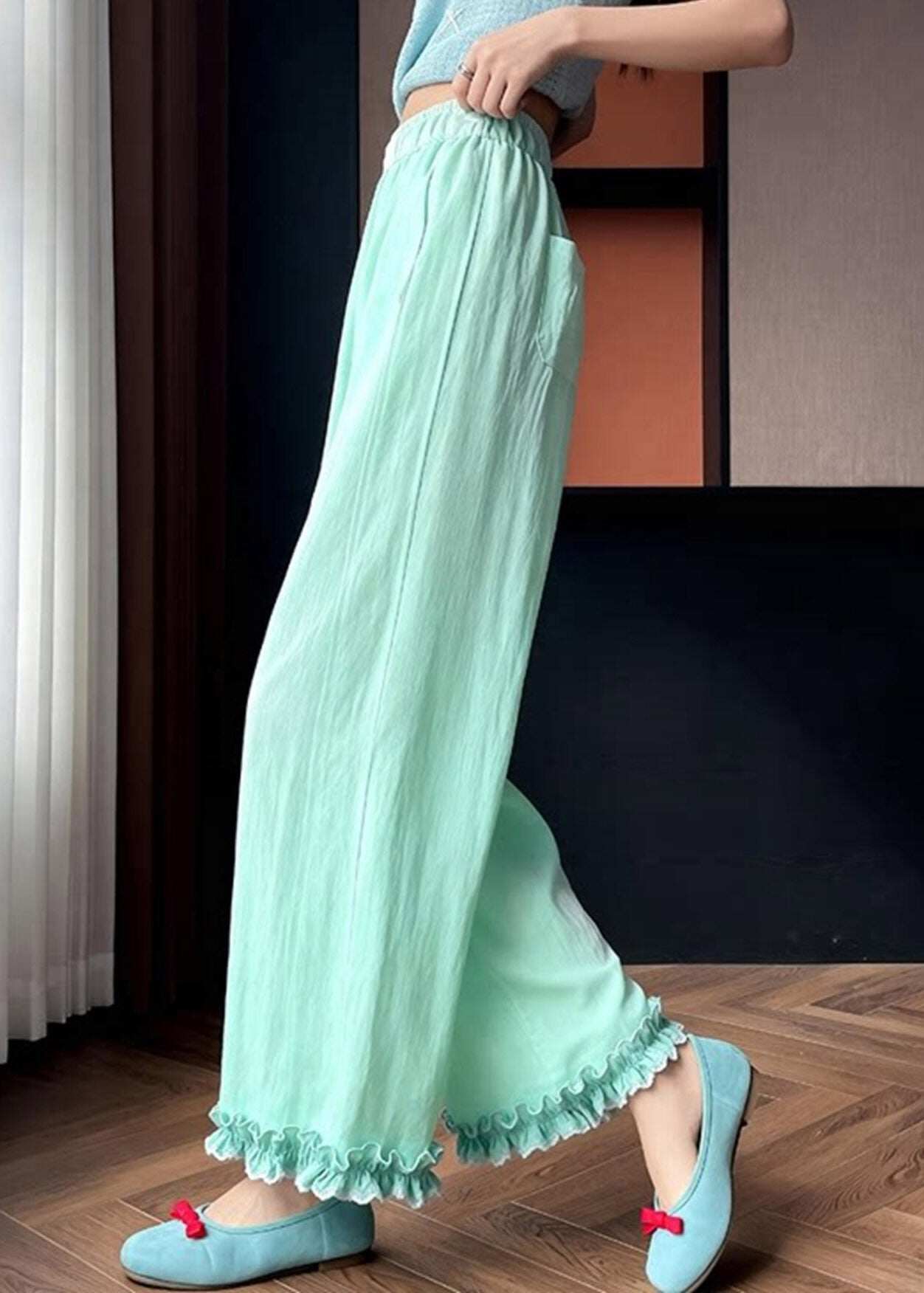 Beautiful Light Green Ruffled Patchwork Solid Wide Leg Pants Summer