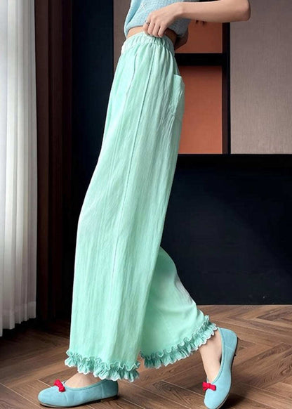 Beautiful Light Green Ruffled Patchwork Solid Wide Leg Pants Summer