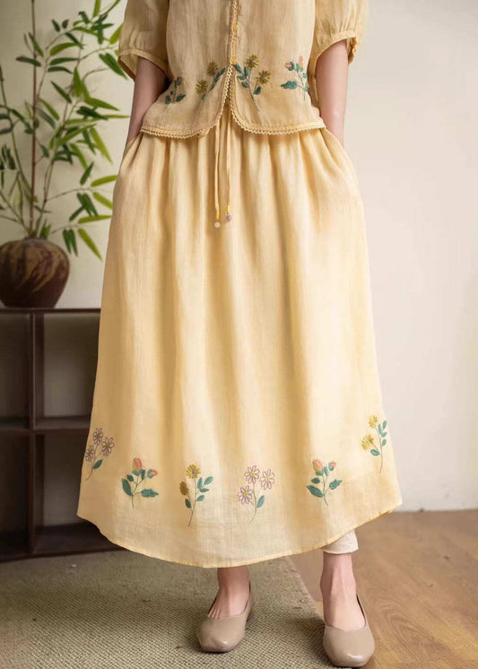 Plus Size Yellow Embroidered Elastic Waist Linen Skirt Summer