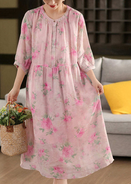 Cute Pink O-Neck Print Patchwork Linen Maxi Dress Half Sleeve