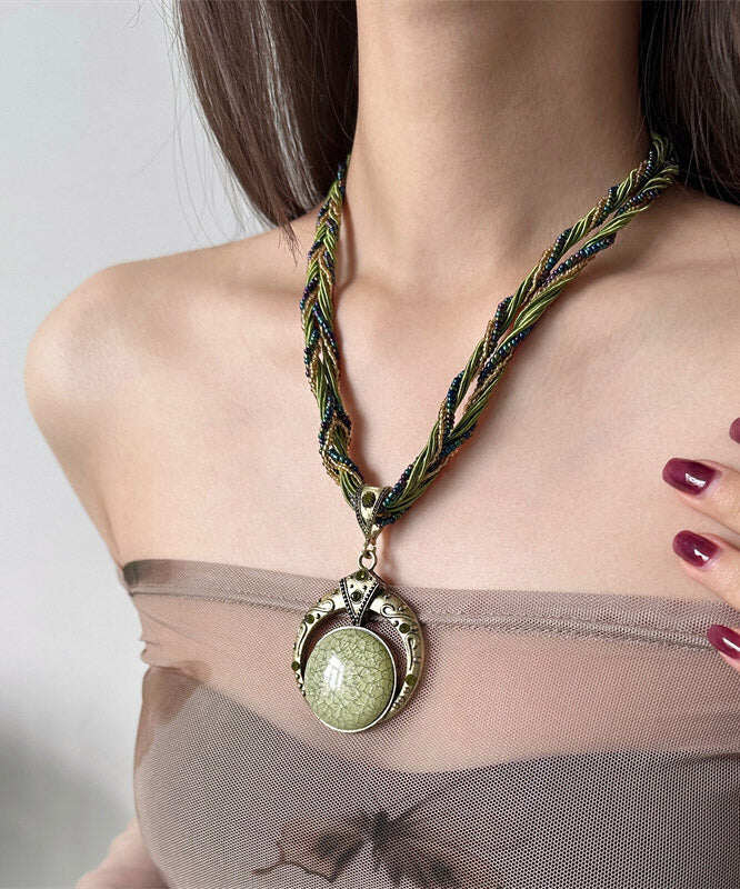 Vintage Green Acrylic Alloy Weave Beading Pendant Necklace