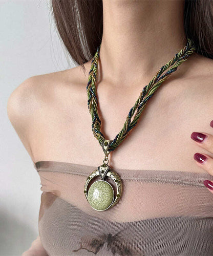 Vintage Green Acrylic Alloy Weave Beading Pendant Necklace