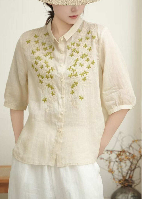 Casual Beige Peter Pan Collar Embroidered Linen Blouses Summer