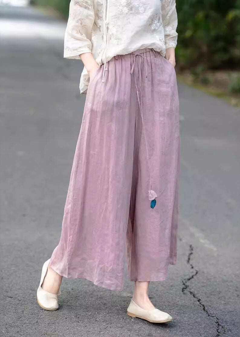 Beautiful Beige High Waist Elastic Waist Linen Pants Summer