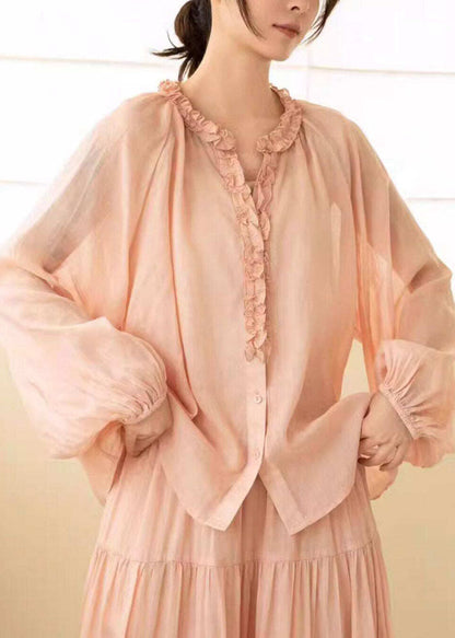 Beautiful Pink Ruffled Wrinkled Linen Shirt Lantern Sleeve