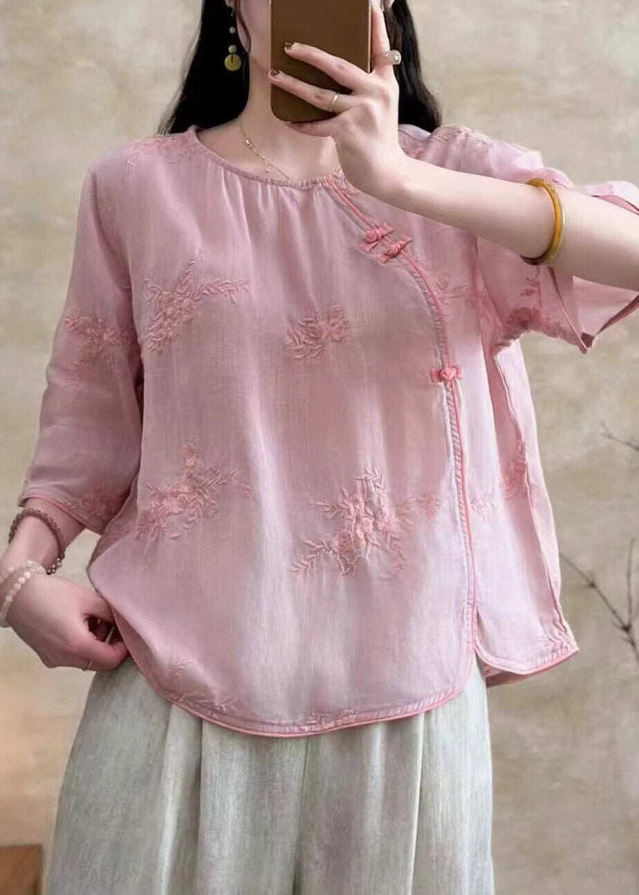 Chic White Embroidered Button Linen Tops Summer