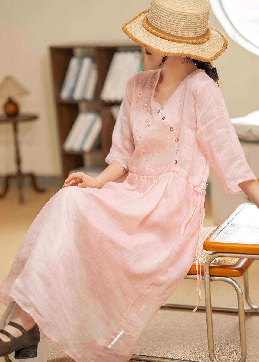 Vintage Green Embroidered Patchwork Lace Up Linen Dresses Summer