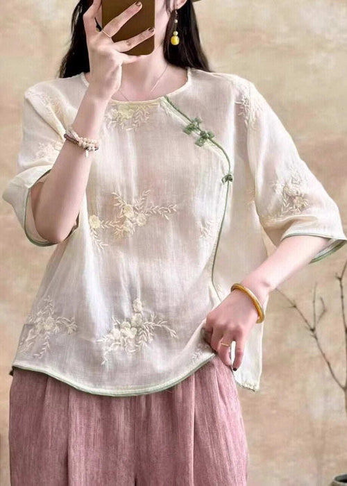 Chic White Embroidered Button Linen Tops Summer