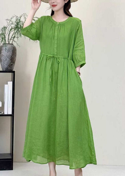 Boutique Green O-Neck Patchwork Solid Linen Long Dress Half Sleeve