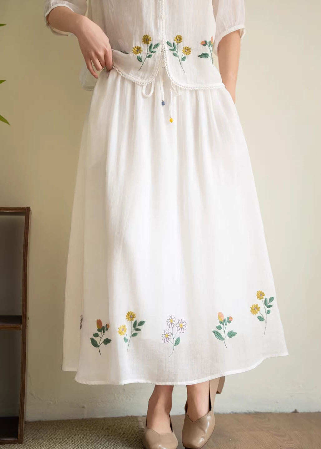 Plus Size Yellow Embroidered Elastic Waist Linen Skirt Summer