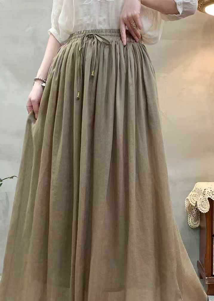 Casual Khaki Wrinkled Elastic Waist Linen Skirts Summer