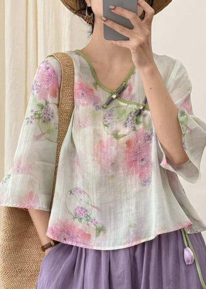 Women Beige Print Button Linen T Shirt Three Quarter Sleeve