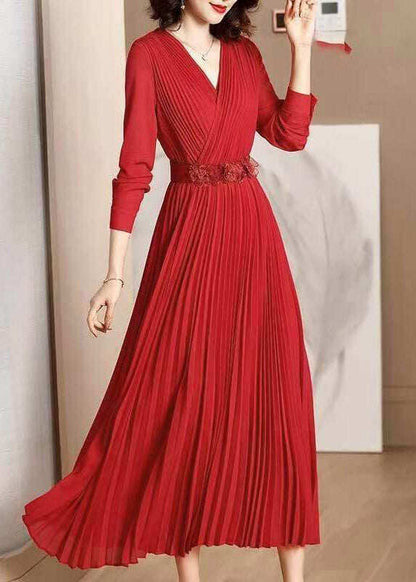 Elegant Red V Neck Wrinkled Tunic Chiffon Maxi Dress Fall