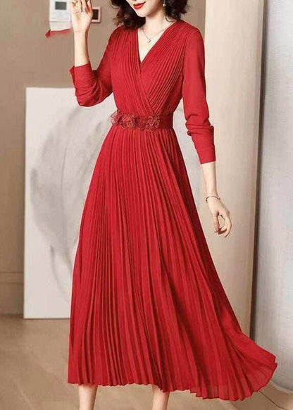Elegant Red V Neck Wrinkled Tunic Chiffon Maxi Dress Fall