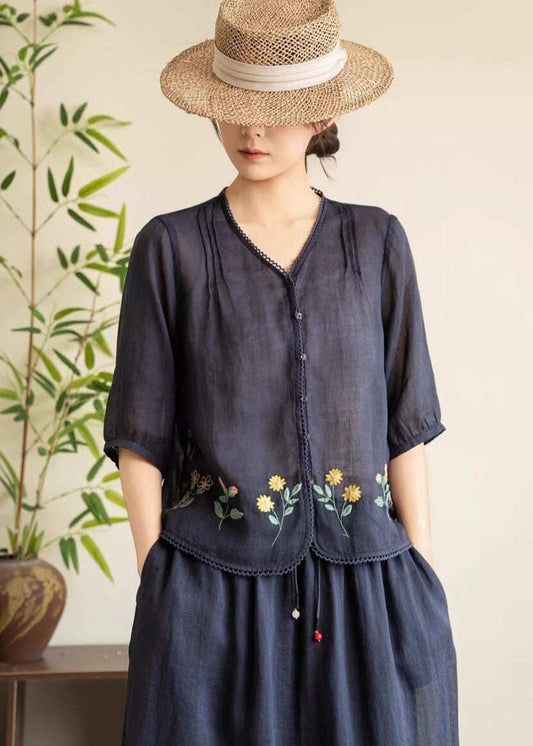 Women Navy V Neck Embroidered Linen Tops Summer