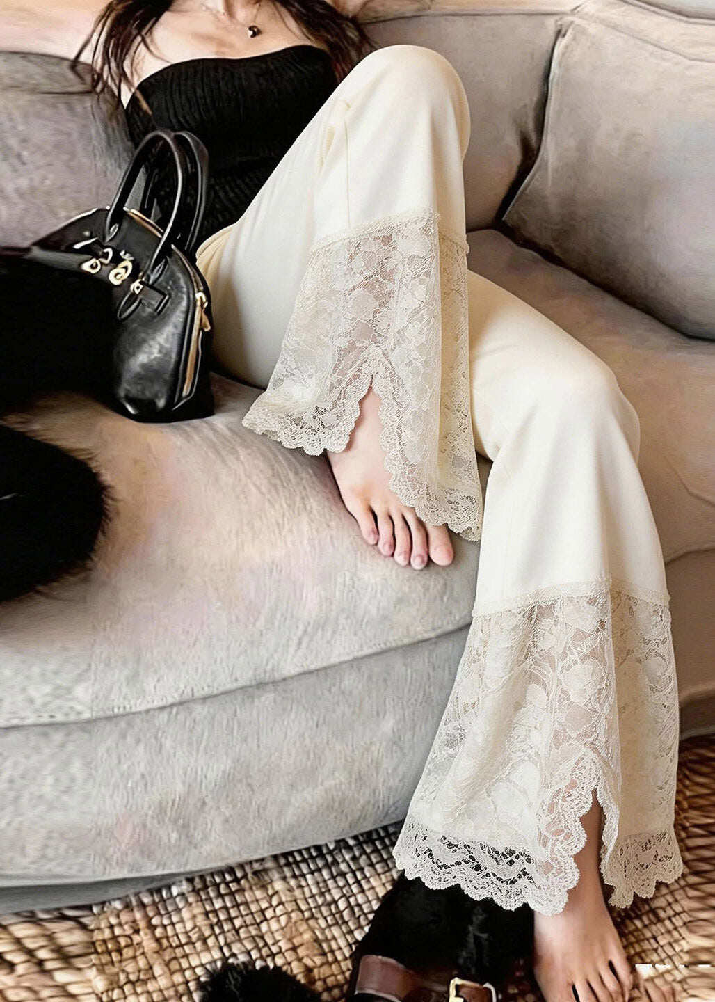 2026 New Beige Lace Patchwork Side Open Straight Pants Summer