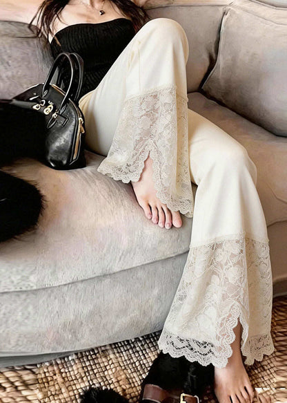 2026 New Beige Lace Patchwork Side Open Straight Pants Summer