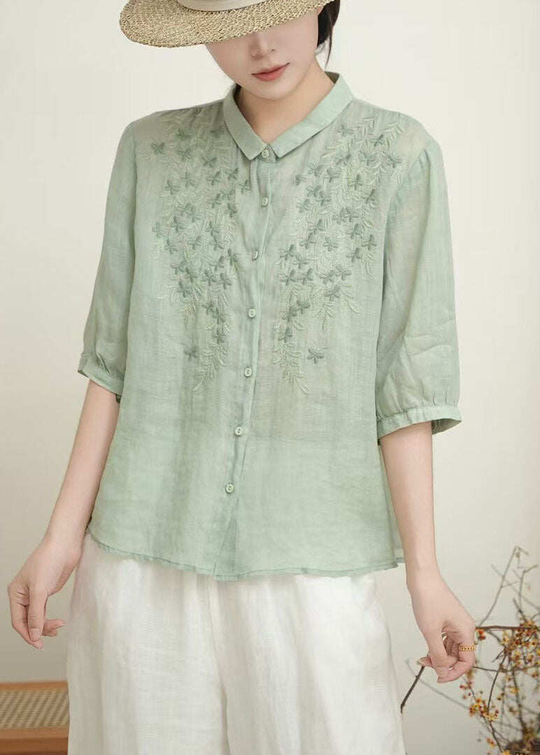 Casual Beige Peter Pan Collar Embroidered Linen Blouses Summer