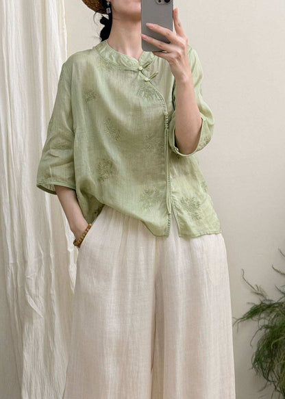 Boutique White Embroidered Oriental Button Linen Blouses Summer
