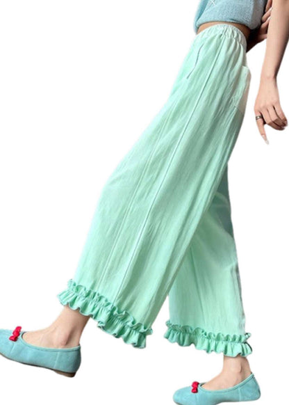 Beautiful Light Green Ruffled Patchwork Solid Wide Leg Pants Summer
