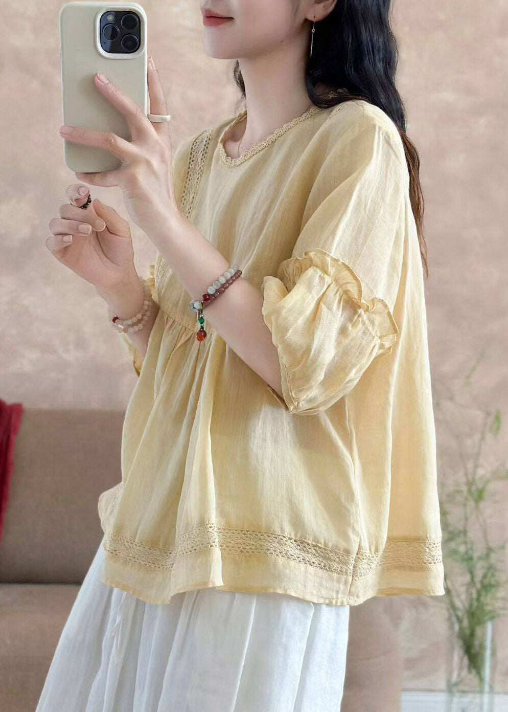 Brief Yellow O-Neck Wrinkled Solid Linen Top Half Sleeve