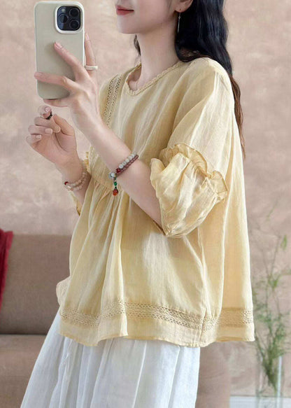 Brief Yellow O-Neck Wrinkled Solid Linen Top Half Sleeve