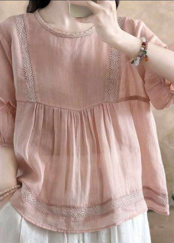 Brief Yellow O-Neck Wrinkled Solid Linen Top Half Sleeve
