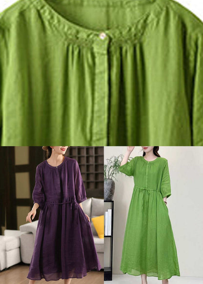 Purple Wrinkled Tie Waist Solid Linen Holiday Maxi Dress Summer