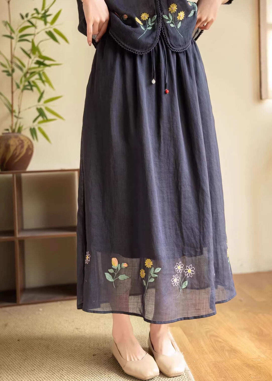 Plus Size Yellow Embroidered Elastic Waist Linen Skirt Summer