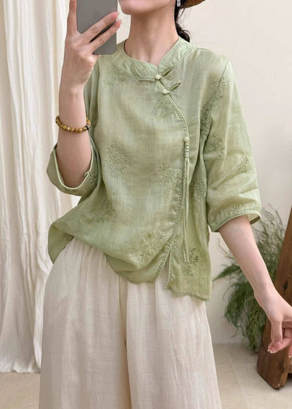 Boutique White Embroidered Oriental Button Linen Blouses Summer