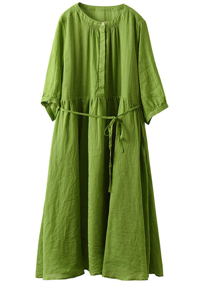 Boutique Green O-Neck Patchwork Solid Linen Long Dress Half Sleeve