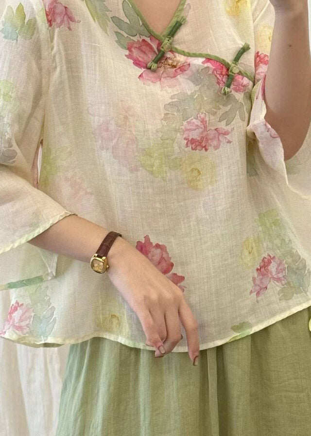Women Beige Print Button Linen T Shirt Three Quarter Sleeve