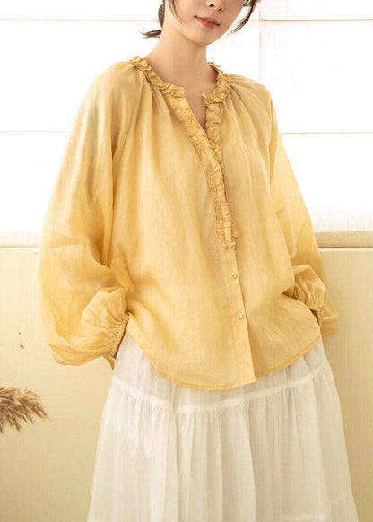Beautiful Pink Ruffled Wrinkled Linen Shirt Lantern Sleeve
