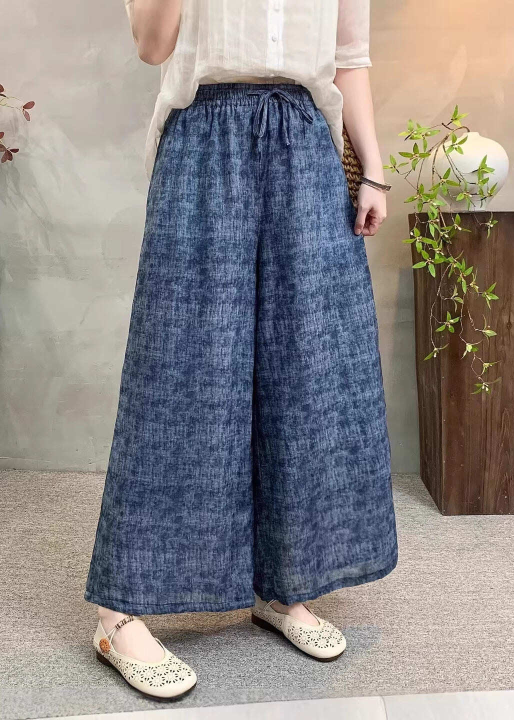 Casual Navy Pockets Tie Dye Elastic Waist Linen Pants Summer