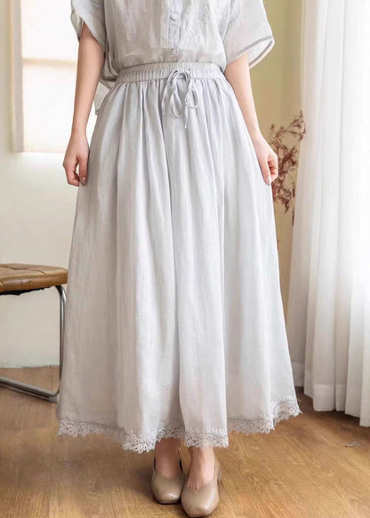 New Beige Pockets Patchwork Elastic Waist Linen Skirt Summer