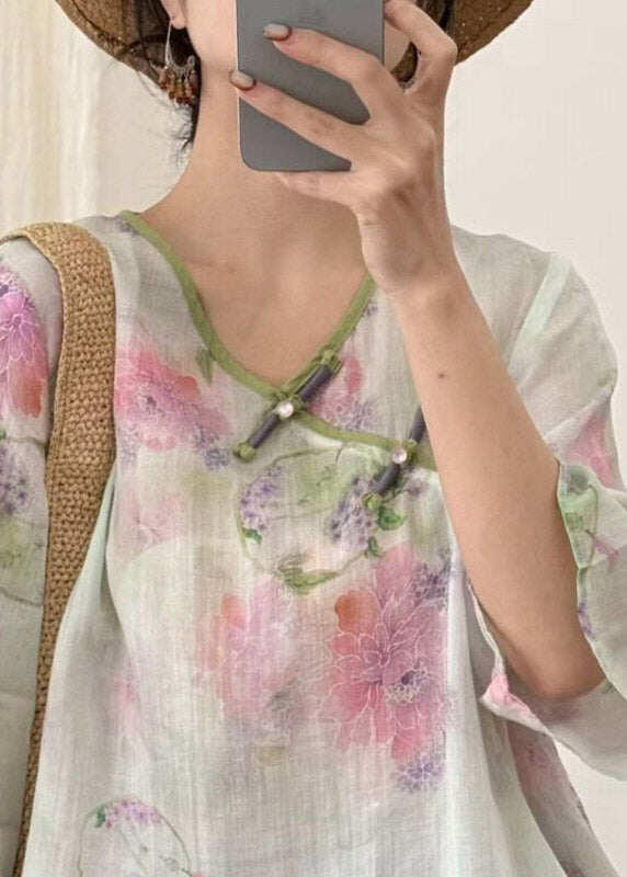 Women Beige Print Button Linen T Shirt Three Quarter Sleeve