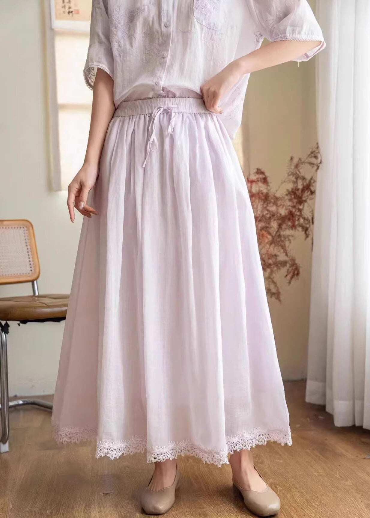 New Beige Pockets Patchwork Elastic Waist Linen Skirt Summer