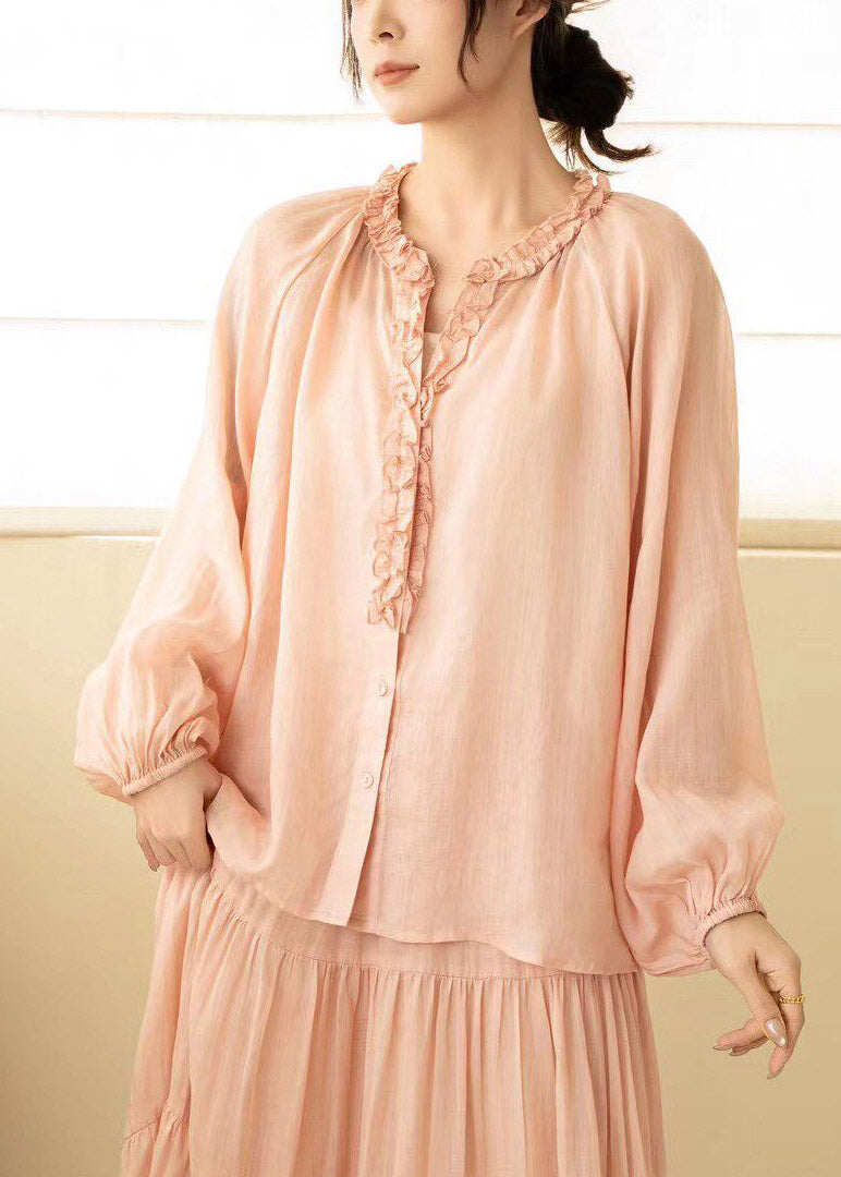 Beautiful Pink Ruffled Wrinkled Linen Shirt Lantern Sleeve