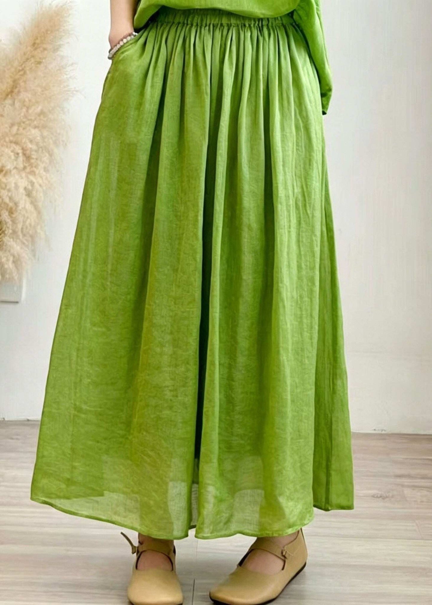 Plus Size Grass Green Pockets Wrinkled Linen Skirt Summer