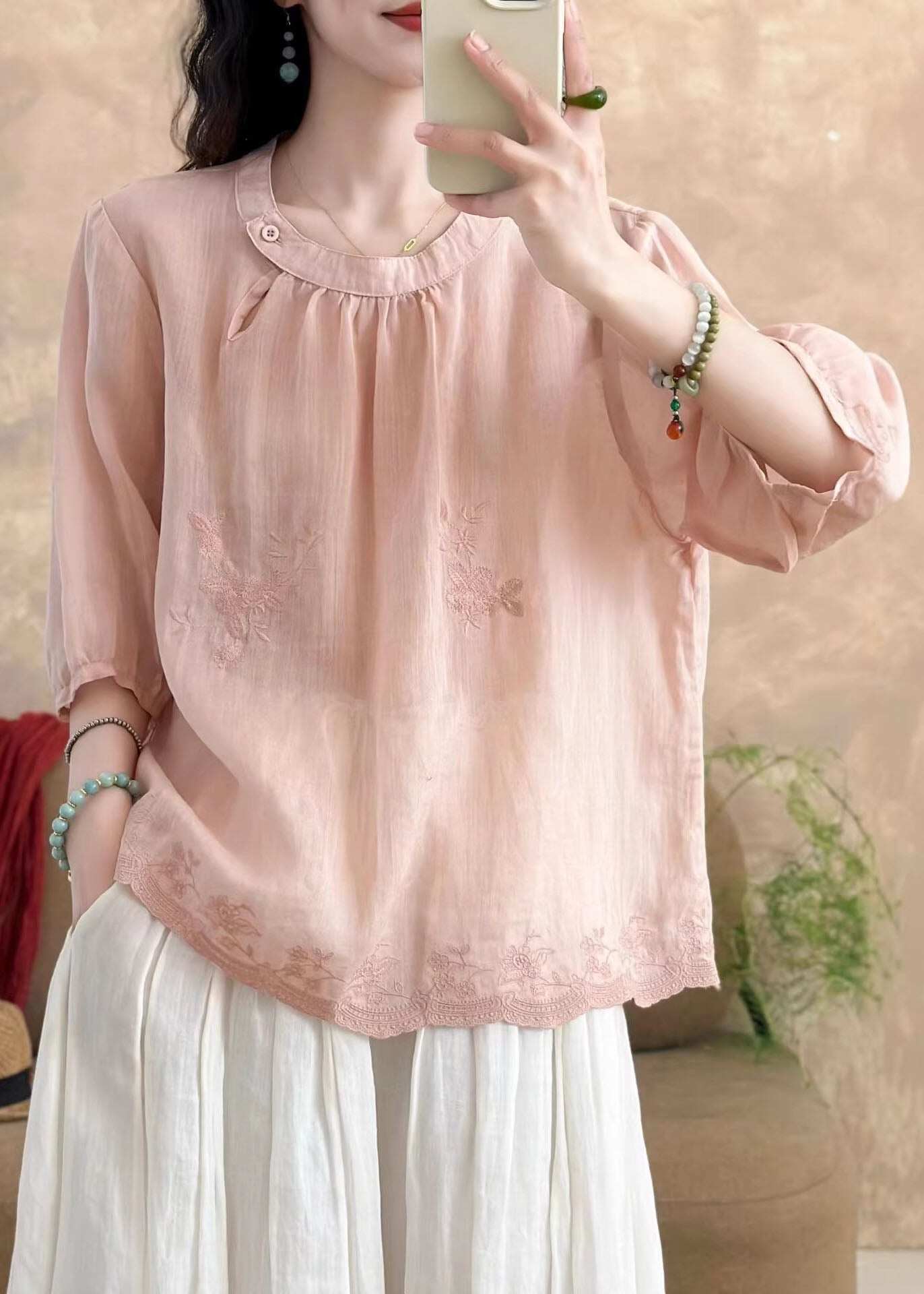 New White O-Neck Embroidered Linen T Shirt Tops Summer