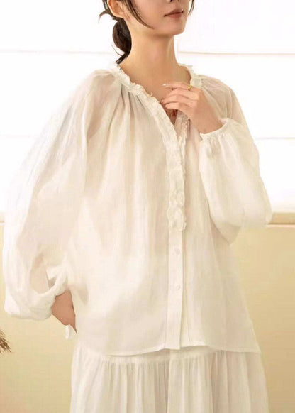 Modern White V Neck Patchwork Linen Shirt Fall