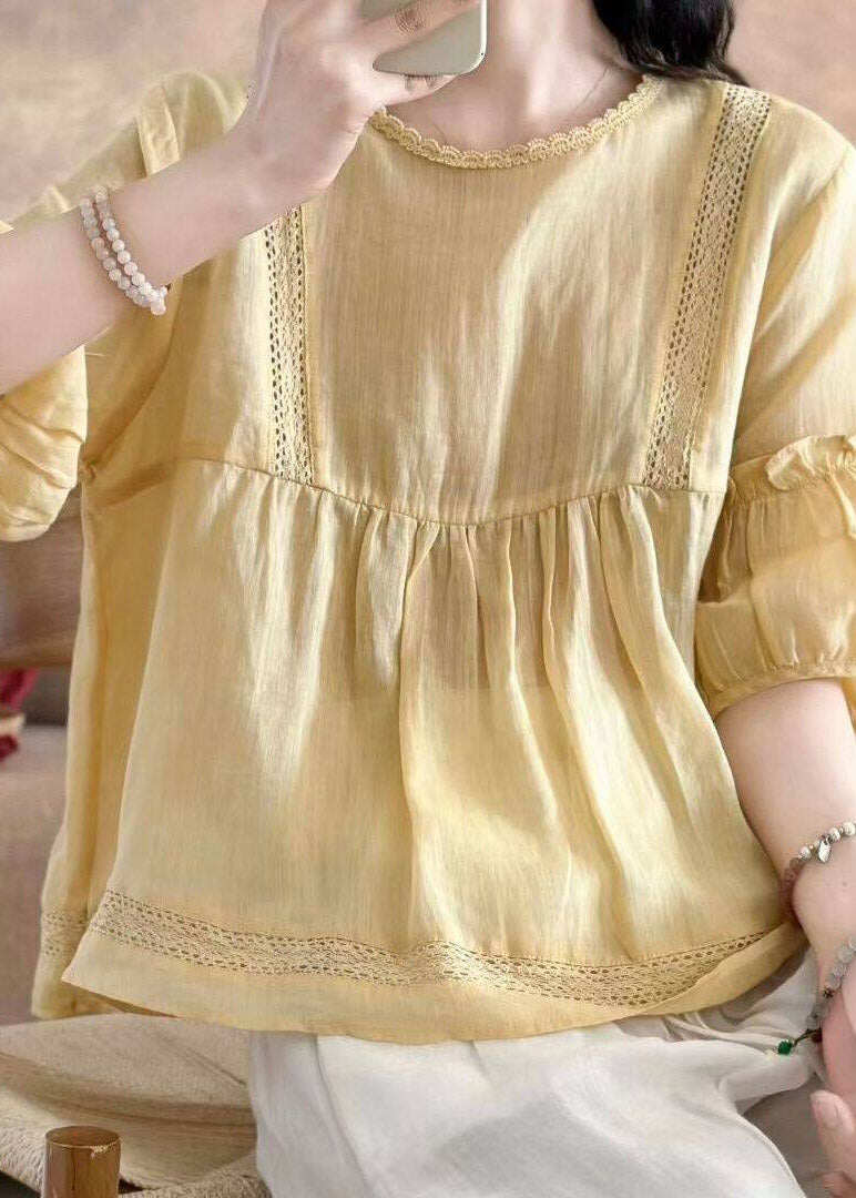 Brief Yellow O-Neck Wrinkled Solid Linen Top Half Sleeve