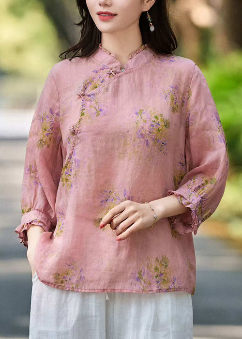 Natural Purple Stand Collar Ruffled Patchwork Linen Shirt Fall