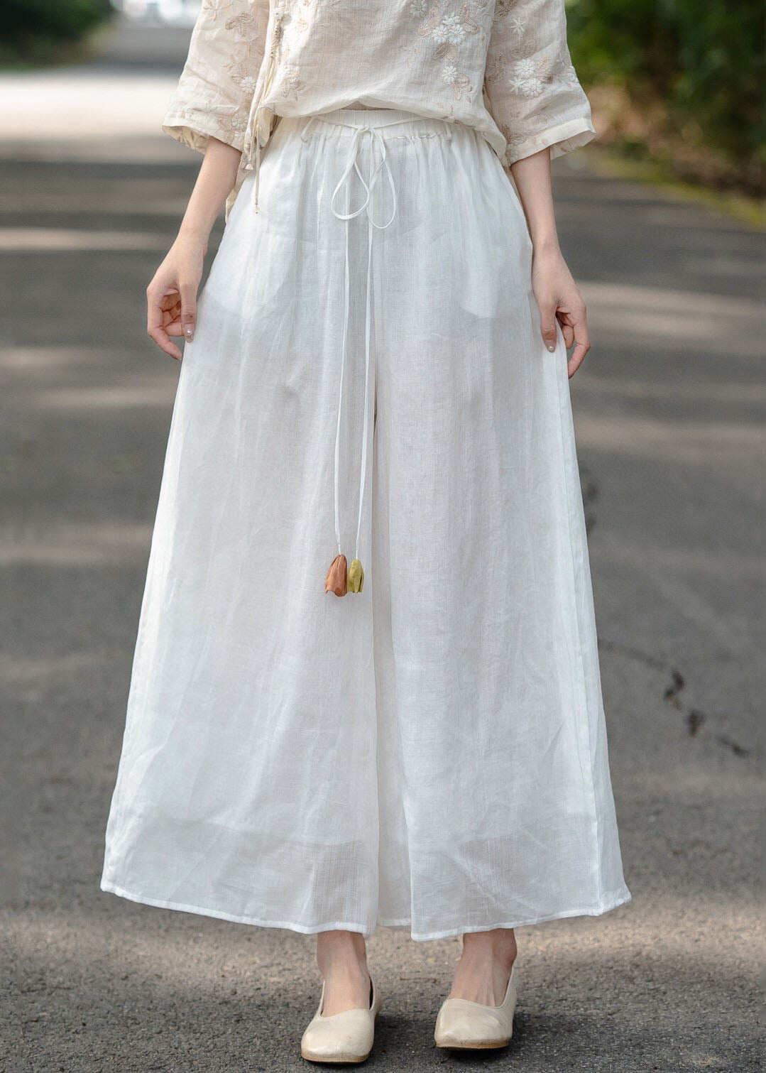 Loose Navy Pockets Elastic Waist Linen Pants Summer