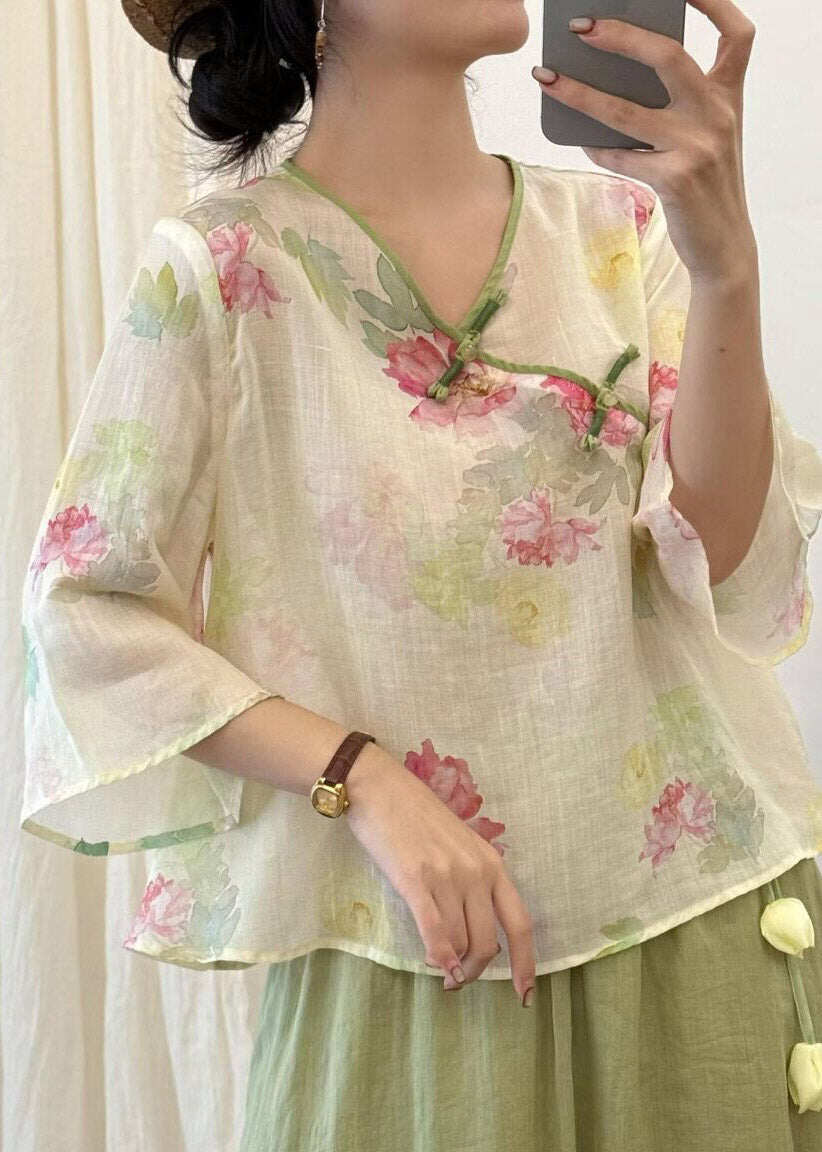 Women Beige Print Button Linen T Shirt Three Quarter Sleeve