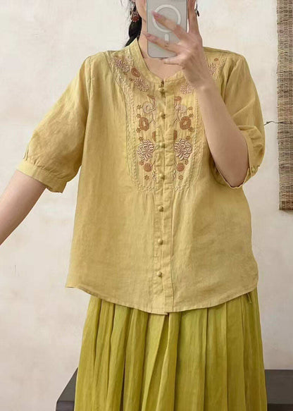 Retro Fitted O-Neck Embroidered Linen Shirts Summer