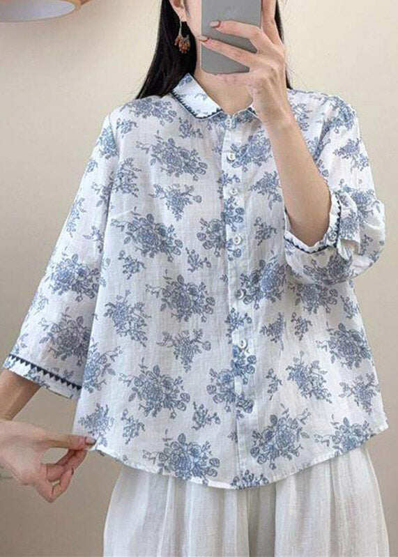 Vintage Red Peter Pan Collar Print Linen Shirt Three Quarter Sleeve