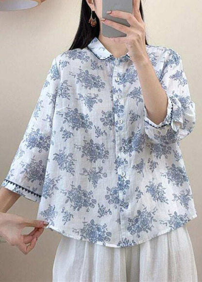 Vintage Red Peter Pan Collar Print Linen Shirt Three Quarter Sleeve