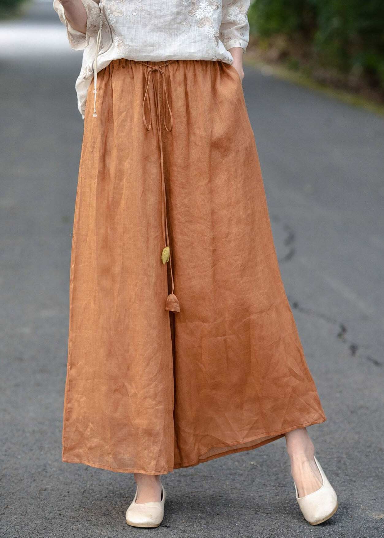 Loose Navy Pockets Elastic Waist Linen Pants Summer