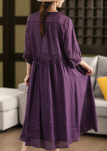 Purple Wrinkled Tie Waist Solid Linen Holiday Maxi Dress Summer